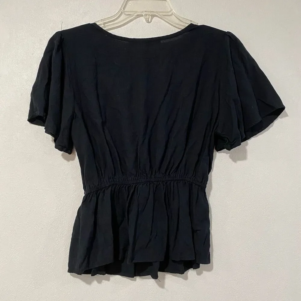 Abercrombie & Fitch Black Peplum Blouse Size S Puff Sleeve Tie Front Top